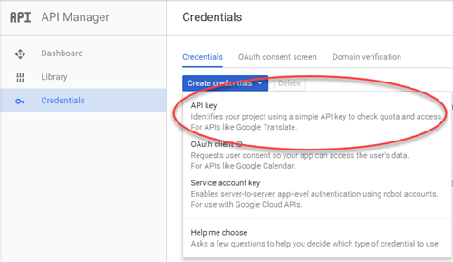 Google Developer Console - Credentials - Start making an API key